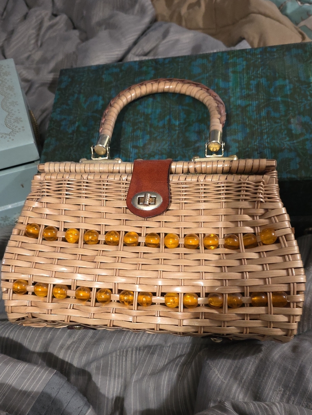 Vintage Wicker Woven Handbag with Amber Bead Accent